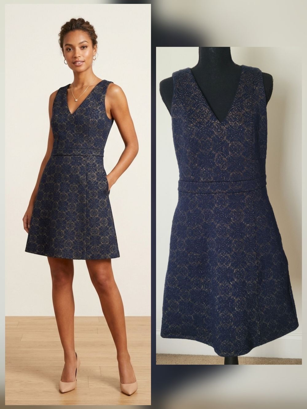 MICHAEL Michael Kors Medallion Jacquard Dress - Navy & Gold Size M